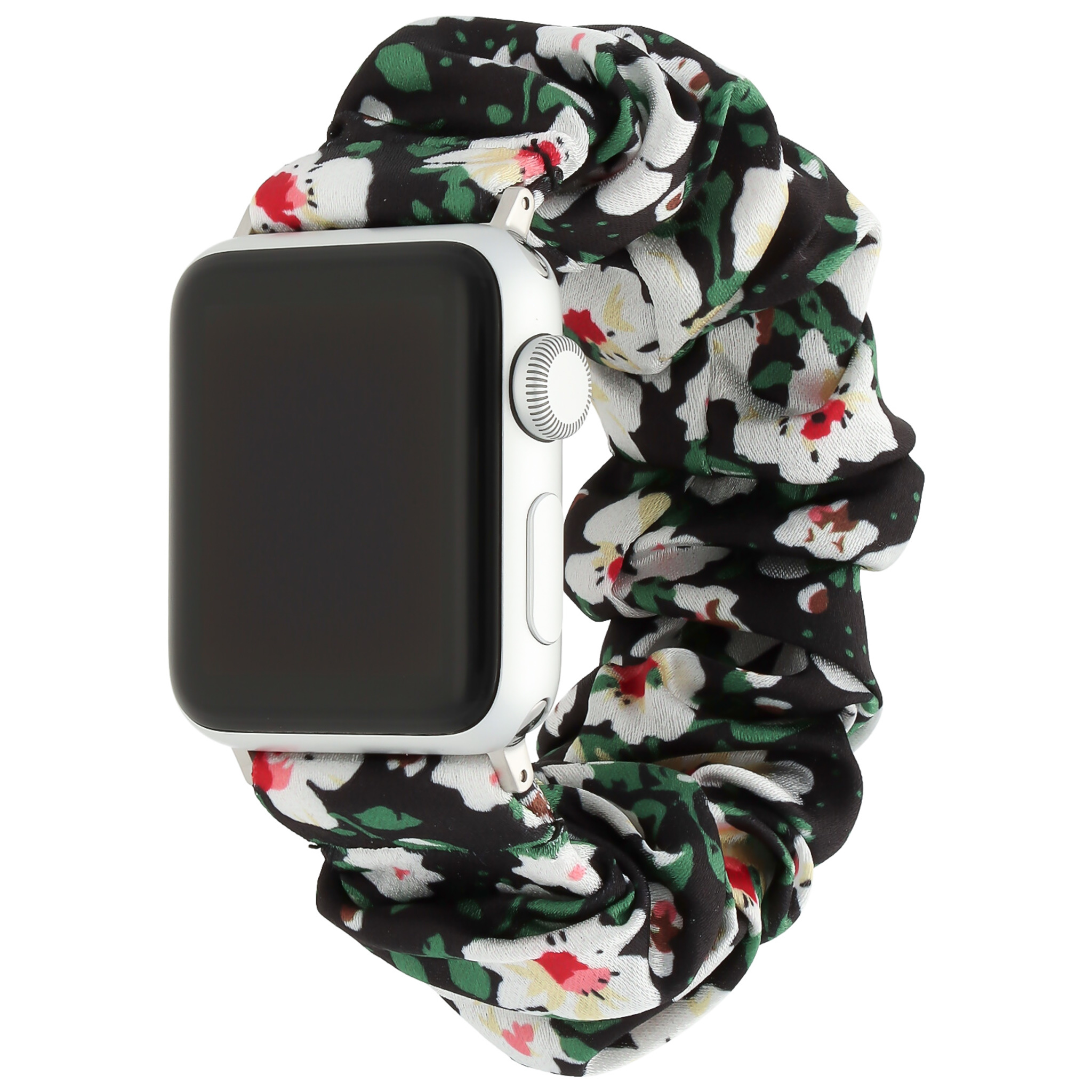 Cinturino elastico in nylon per Apple Watch - nero con fiori bianchi