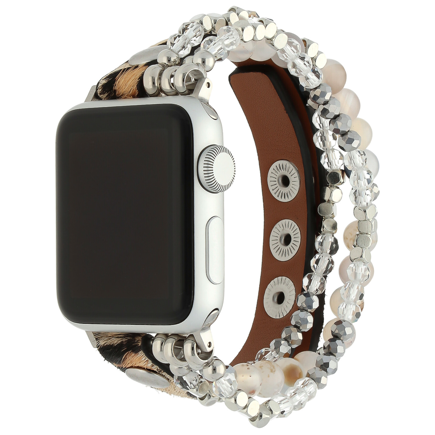 Cinturino gioiello in pelle per Apple Watch - argento leopardato
